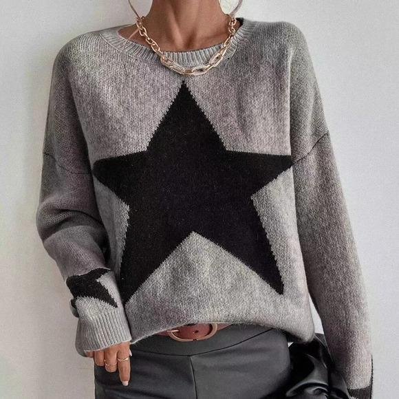 Grey Casual Women's Drop Shoulder Star Pattern Sweater - Picture 6 of 6
